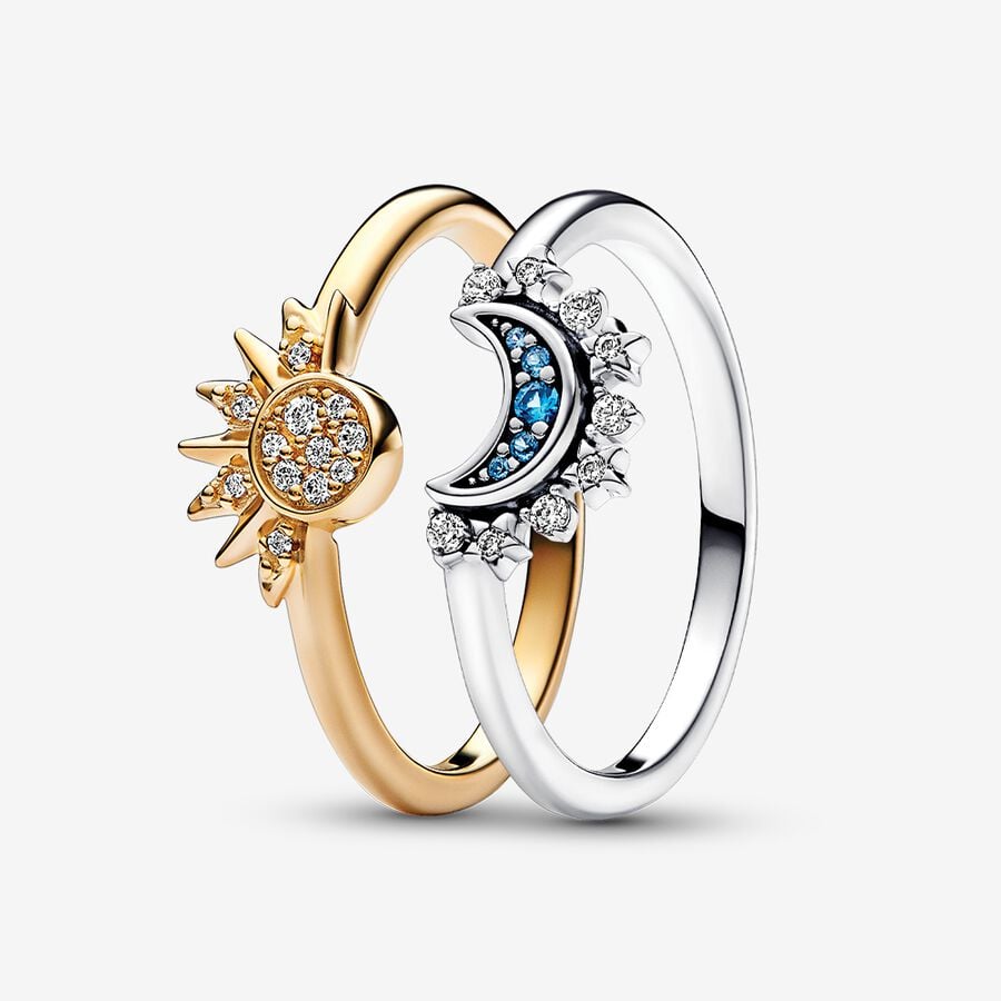 Celestial Sparkling Sun and Moon Ring Set